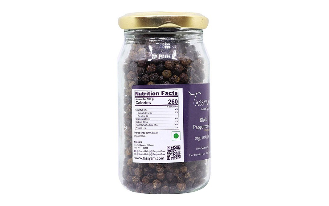 Tassyam Black Peppercorns    Glass Jar  100 grams